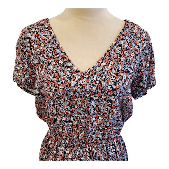 NWT GAP SZ S Short Sleeve V-Neck, Open Back Blue Multi-color Floral Rayon Dress - Picture 4 of 11